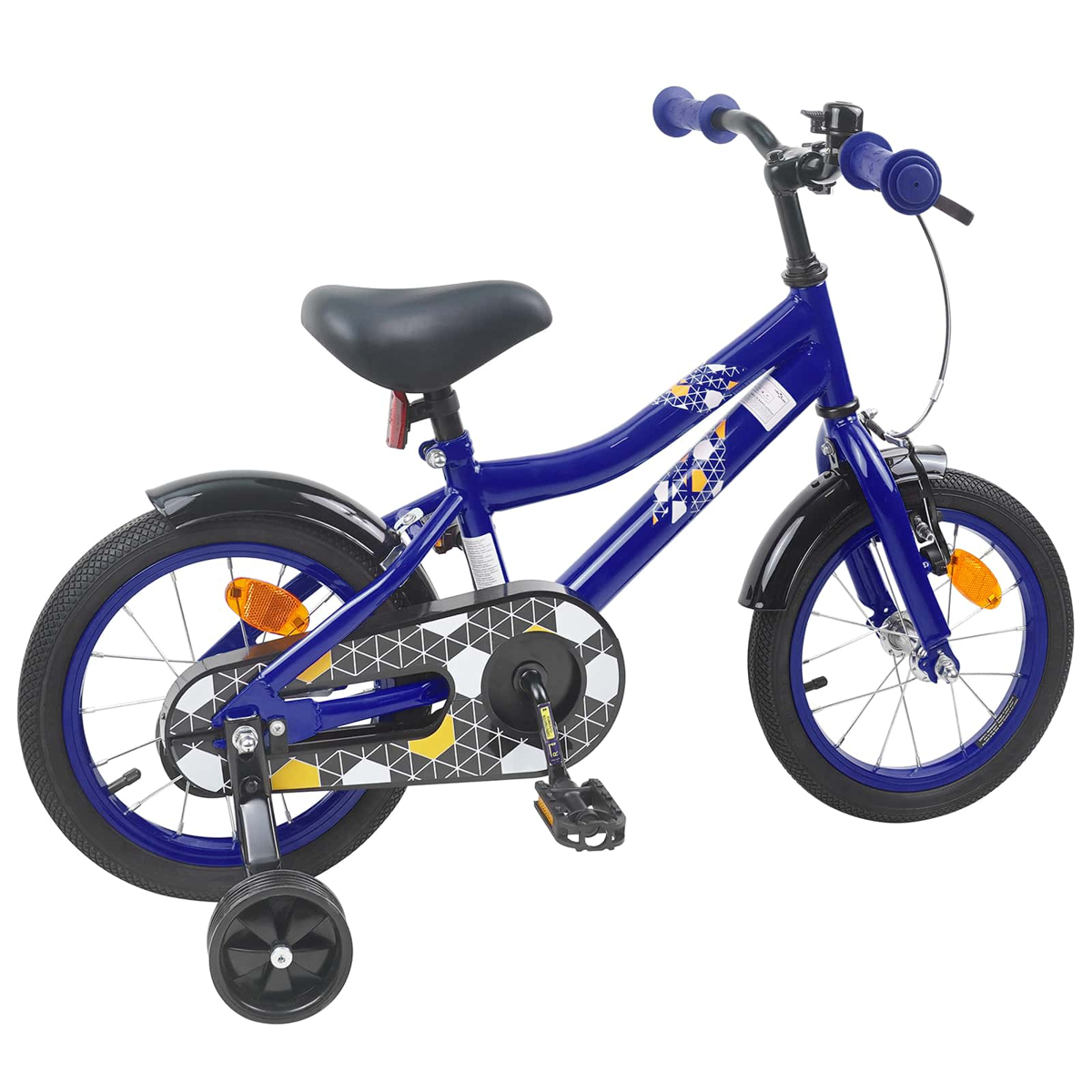 Ein blaues Kinderfahrrad mit Stützrädern, schwarzem Sattel und Griffen.