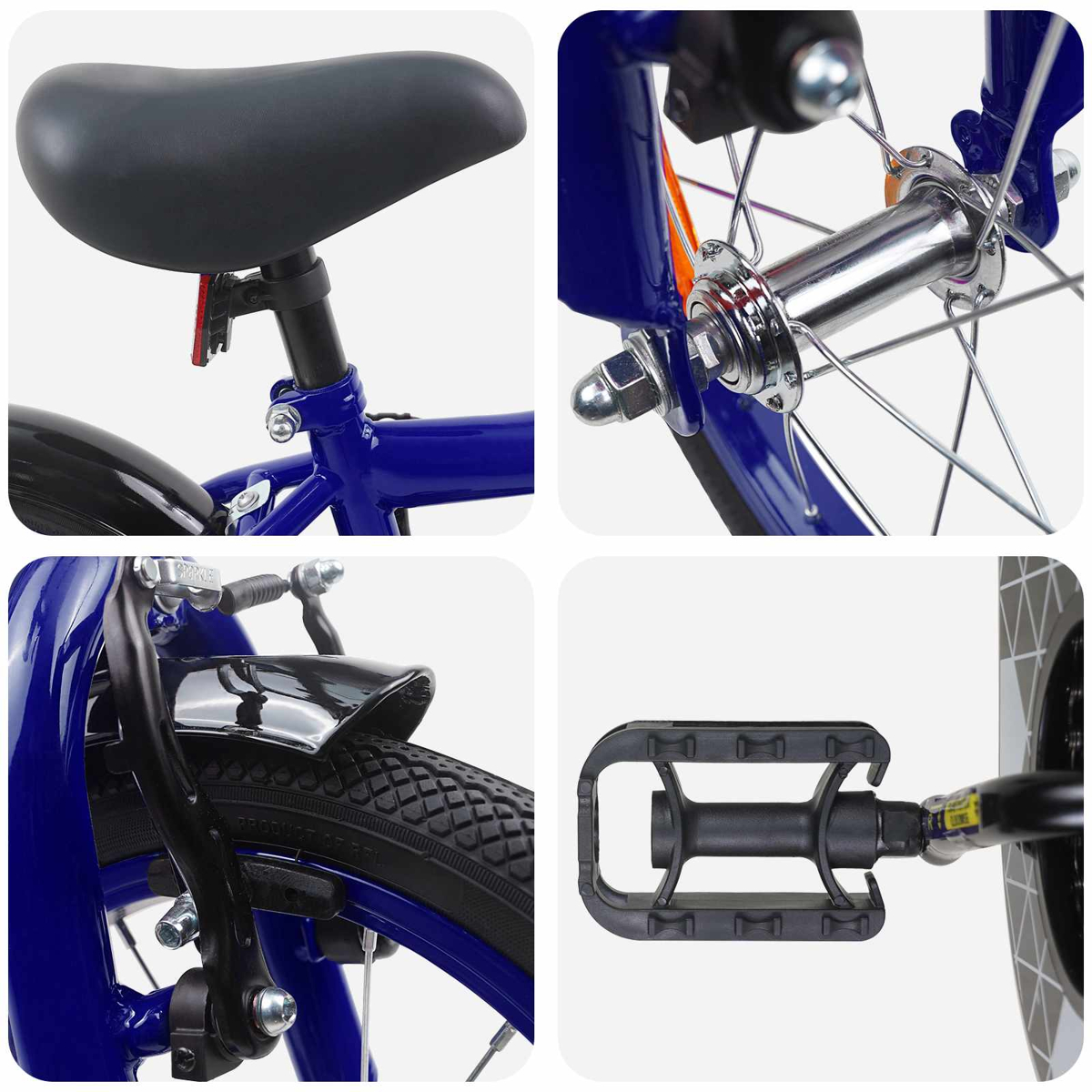 Nahaufnahme eines blauen Fahrrads mit Sitz, Radnabe, Bremse und Pedal.