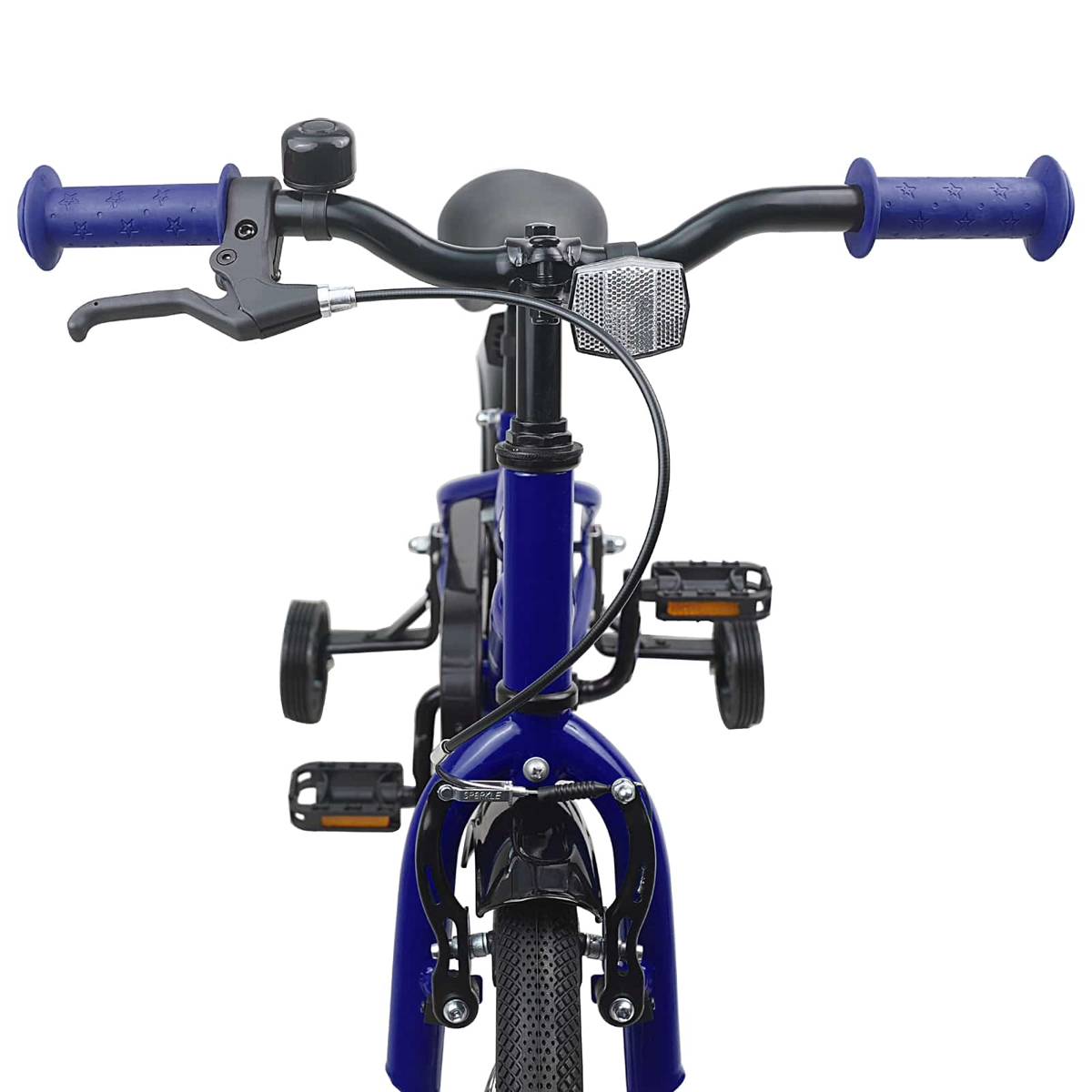 Ein blauer Kinderfahrrad-Lenker mit lila Griffen, Klingel und Bremsen.