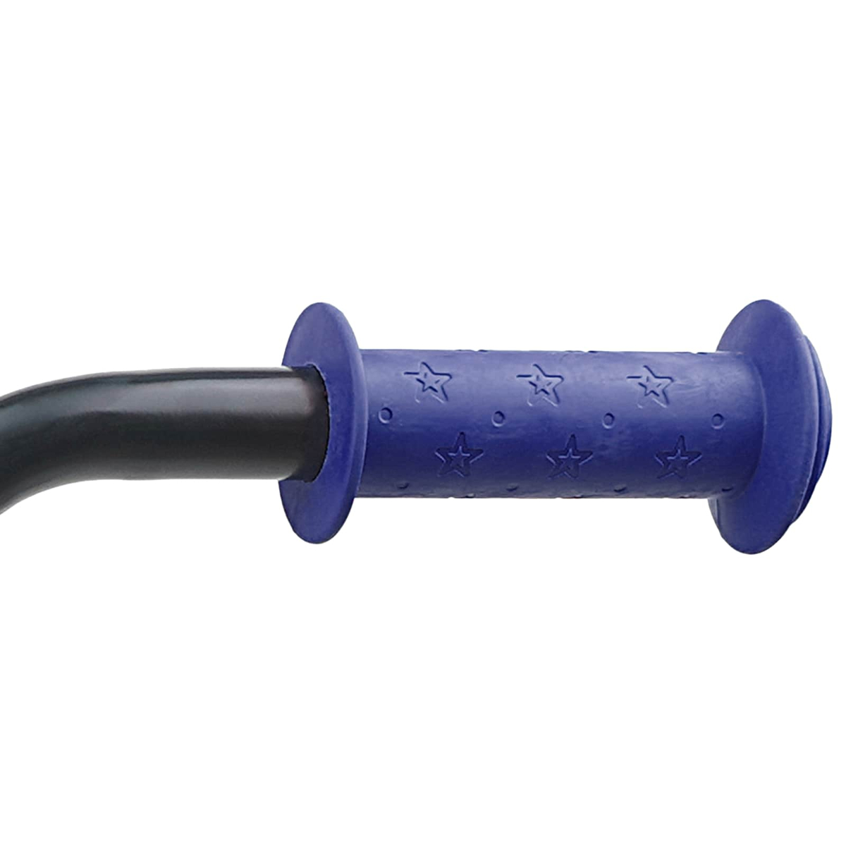 Blaue Lenkergriffe mit Sternmuster und schwarzem Metallrohr.