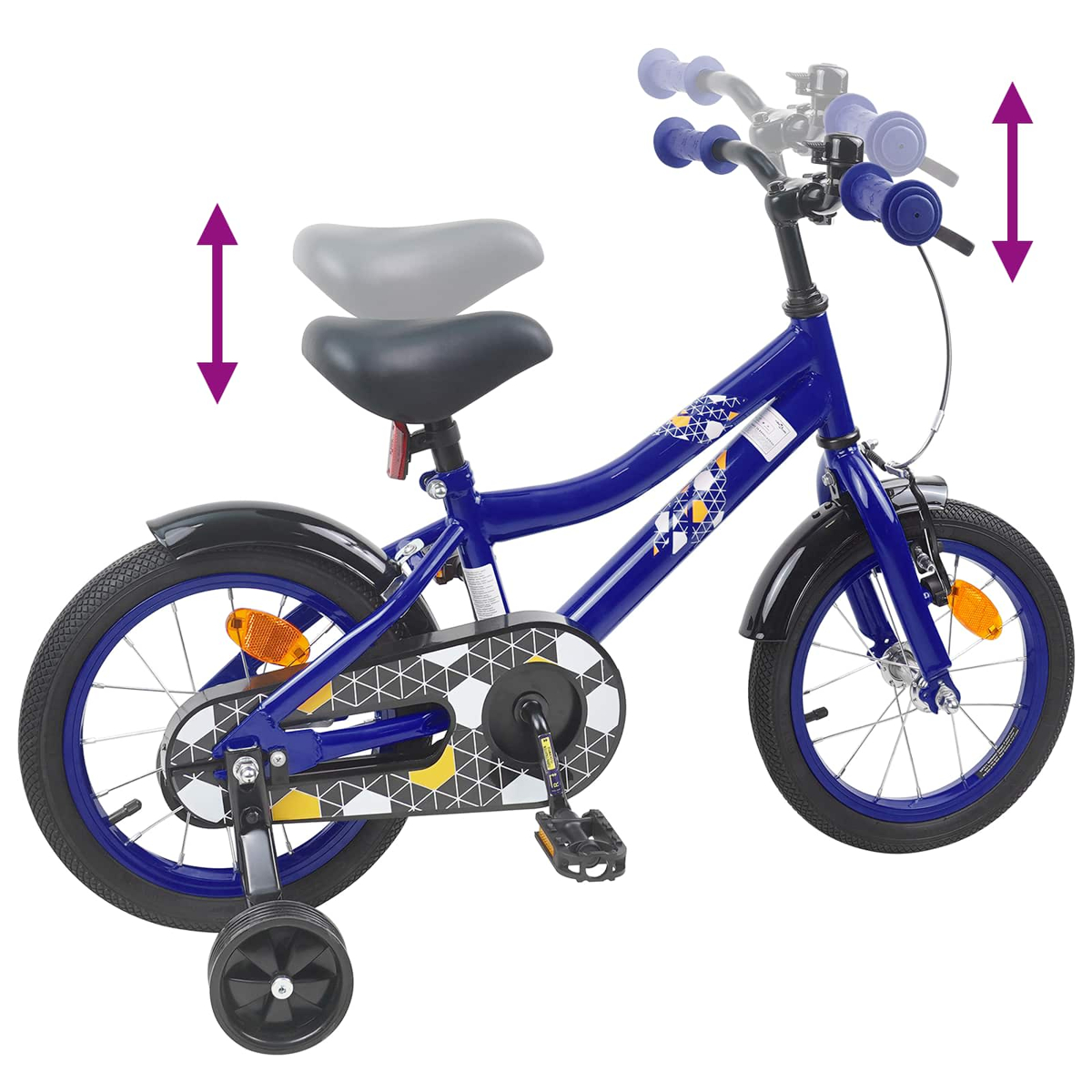 Ein blaues Kinderfahrrad mit Stützrädern und verstellbarer Sitzhöhe und Lenker.