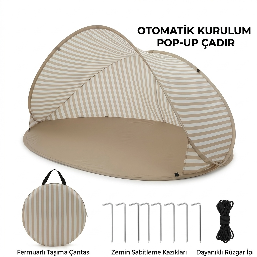 Çizgili pop-up çadır, taşıma çantası, kazıklar ve iple birlikte.