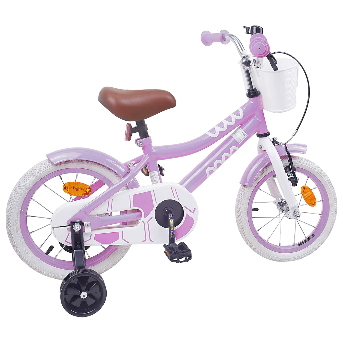 Lila Kinderfahrrad mit Stützrädern, braunem Sattel und weißem Korb vorne.
