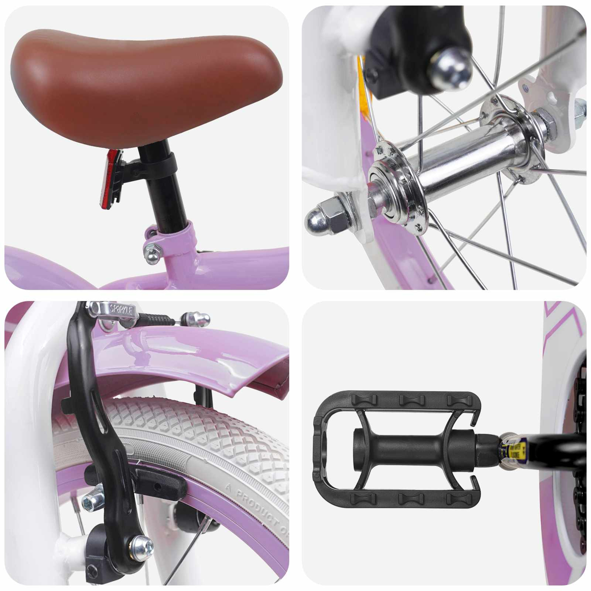Details einer lila Kinderrad: Sattel, Radnabe, Bremse und Pedal.