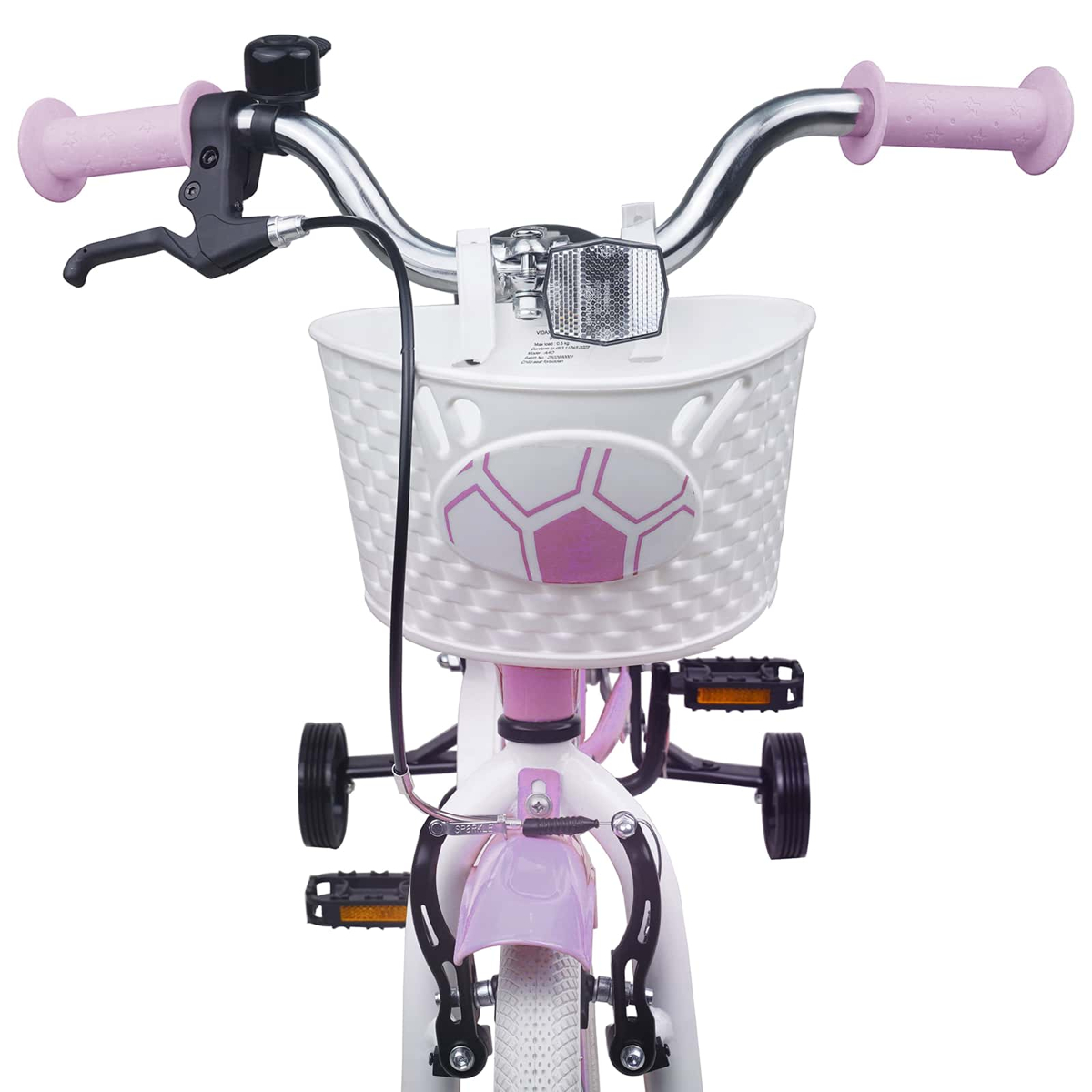 Vorderansicht eines weißen Fahrrads mit rosa Akzenten, Korb und Stützrädern.