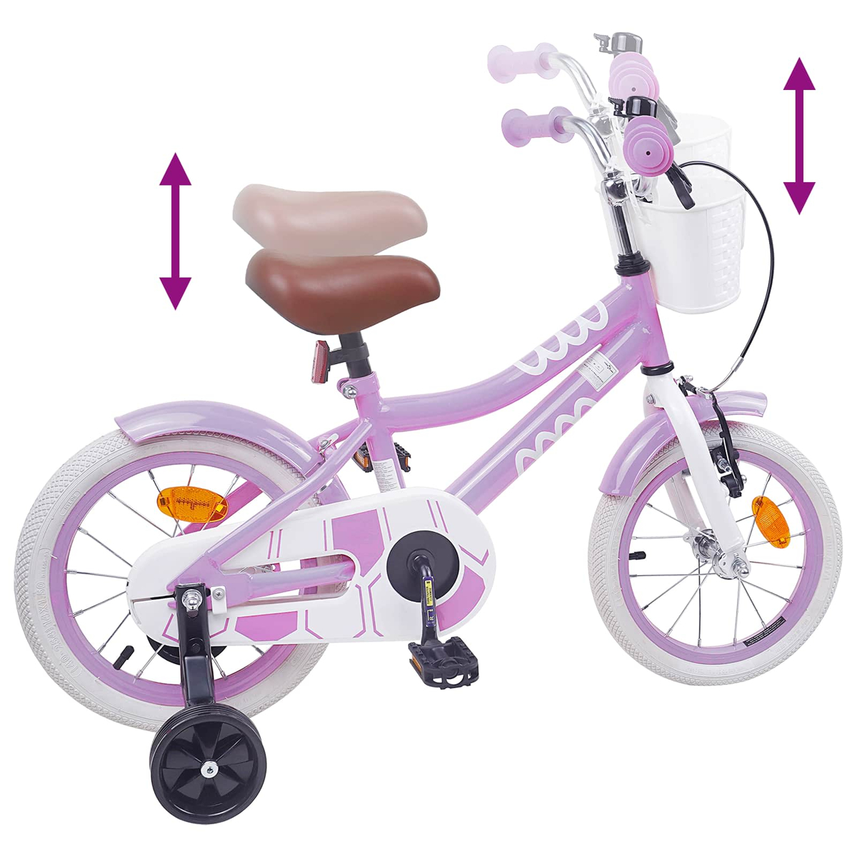 Lila Kinderfahrrad mit Stützrädern, Korb und verstellbarem Sattel.