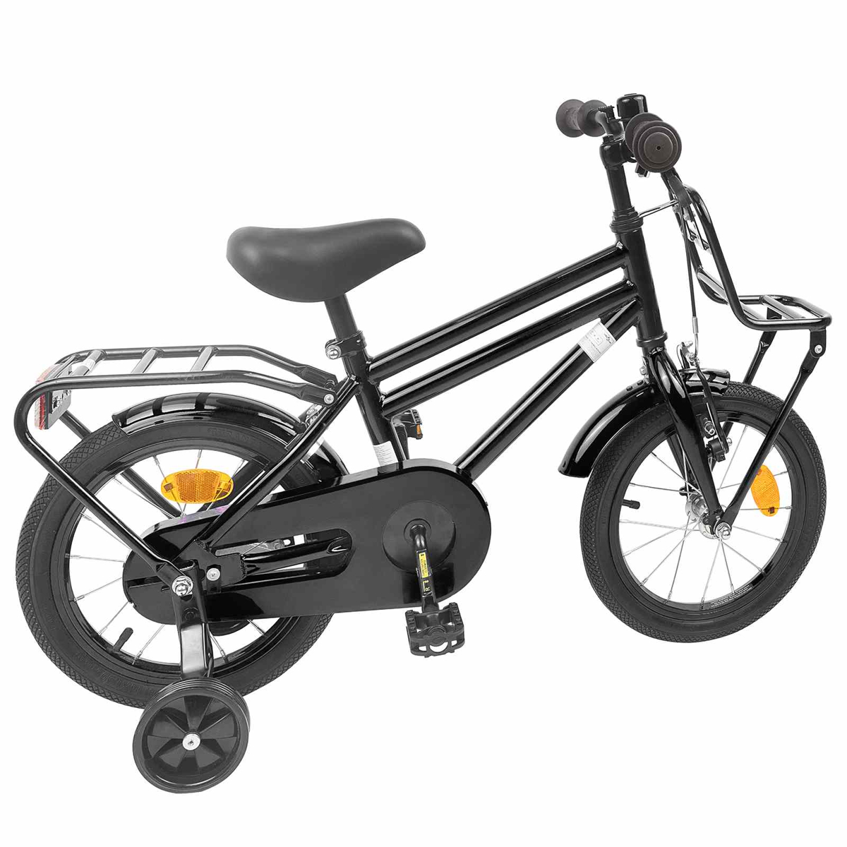 Schwarzes Kinderfahrrad mit Stützrädern, vorderem Korb und Gepäckträger.