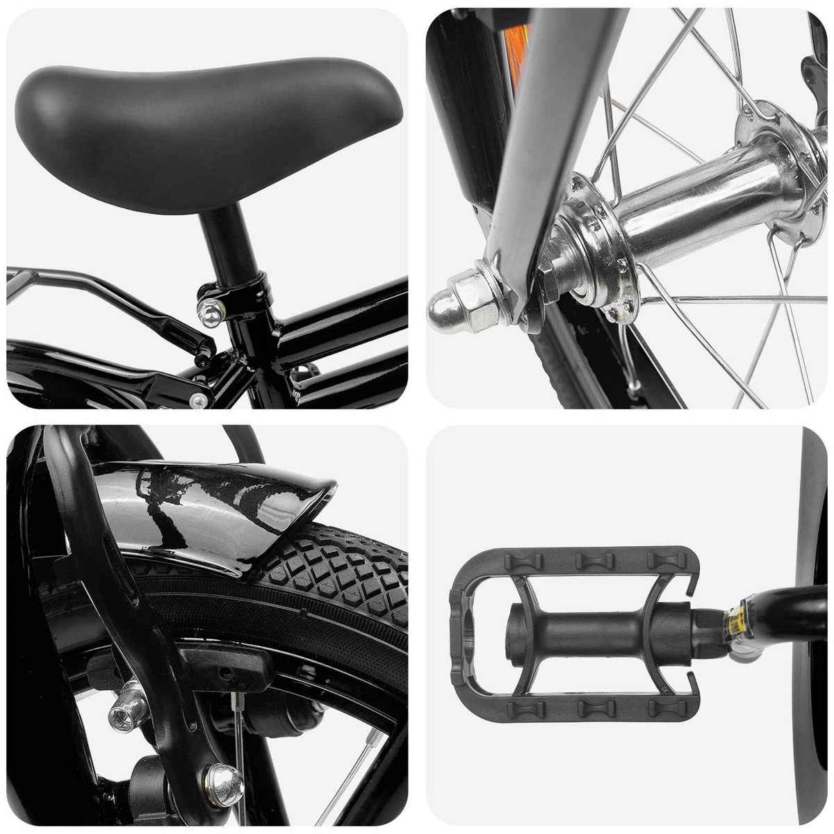 Collage von Fahrradteilen: Sitz, Vorderradnabe, hinterer Kotflügel und Pedal.