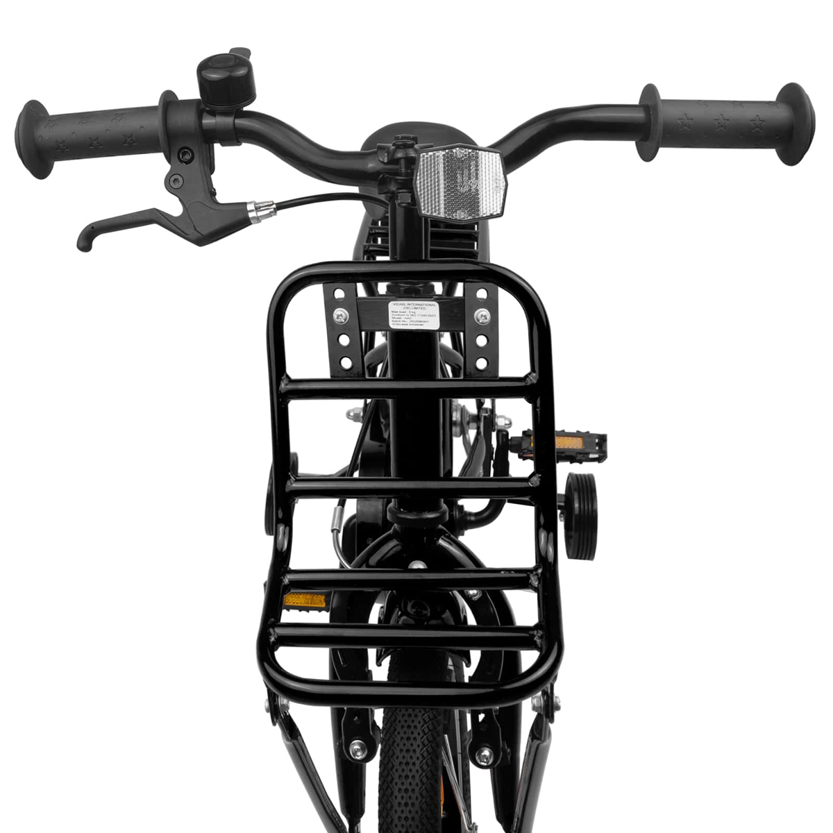 Schwarzes Fahrrad mit Gepäckträger, Lenker, Klingel, Bremshebel und Reflektoren.