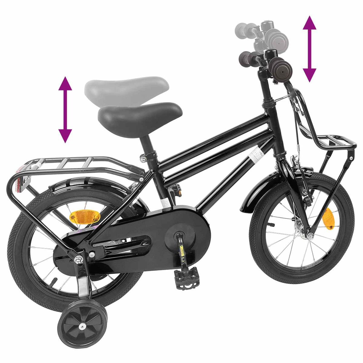 Schwarzes Kinderfahrrad mit Stützrädern und Korbelementen. Sitz und Lenker sind höhenverstellbar.