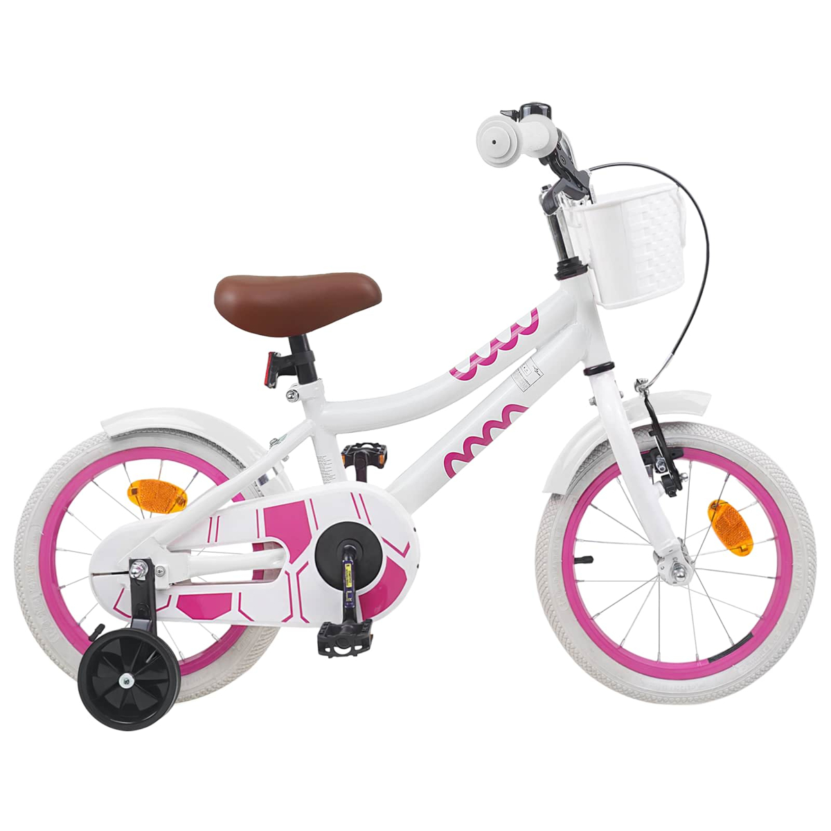 Ein weißes Kinderfahrrad mit rosa Akzenten, Stützrädern und einem Korb.