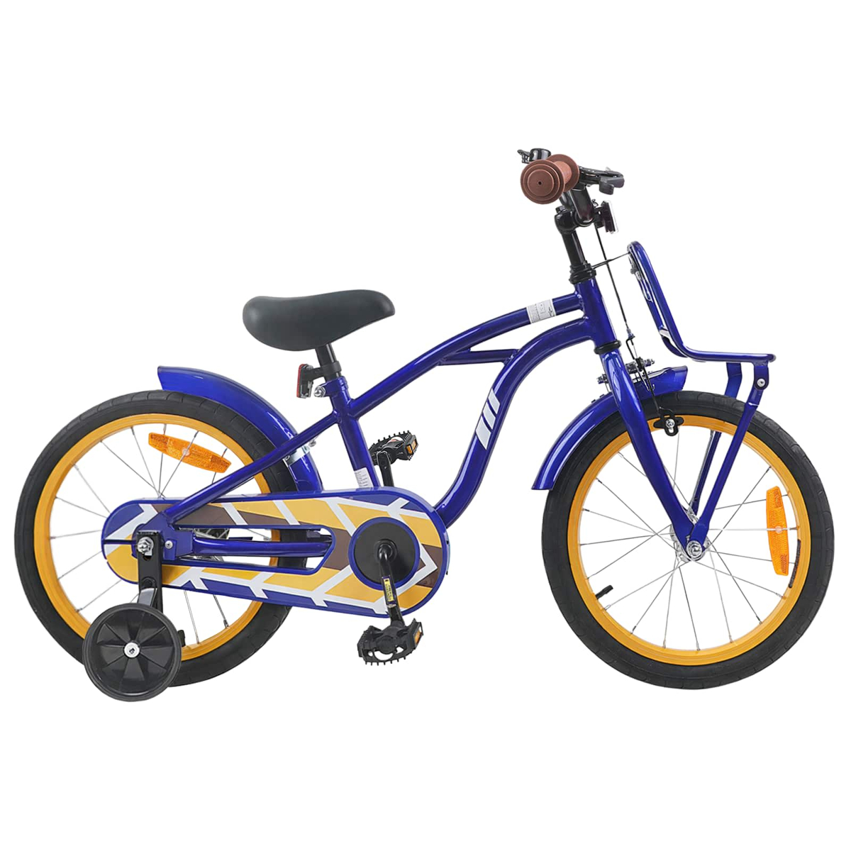 Ein blaues Kinderfahrrad mit Stützrädern, gelben Felgen und einem vorderen Korb.