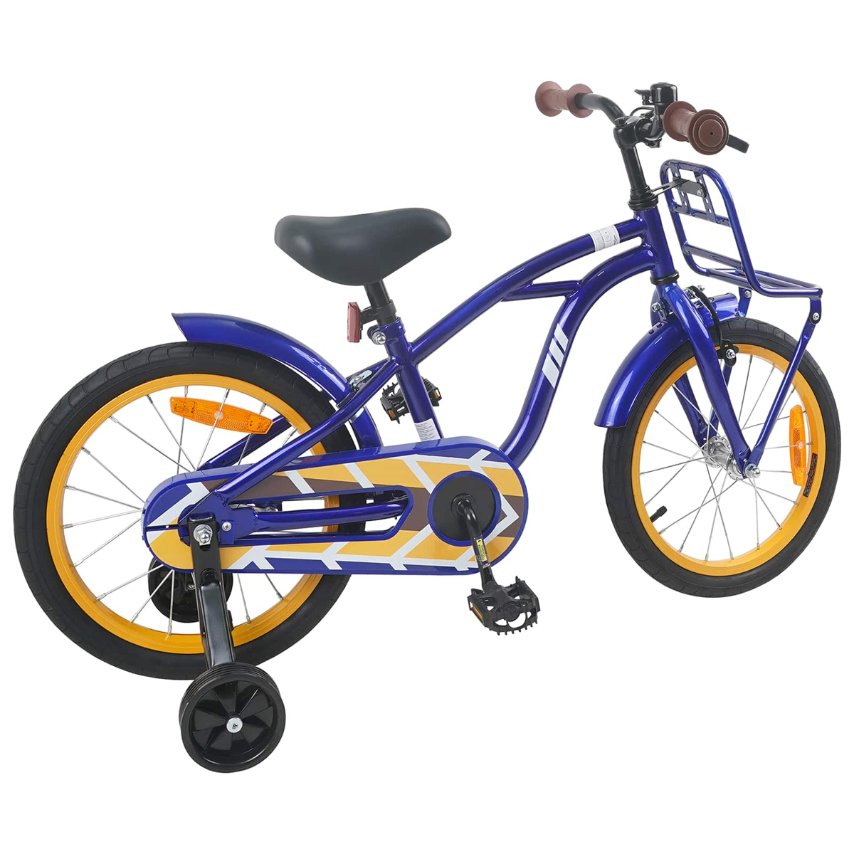 Ein blaues Kinderfahrrad mit Stützrädern, gelben Felgen und einem vorderen Korb.
