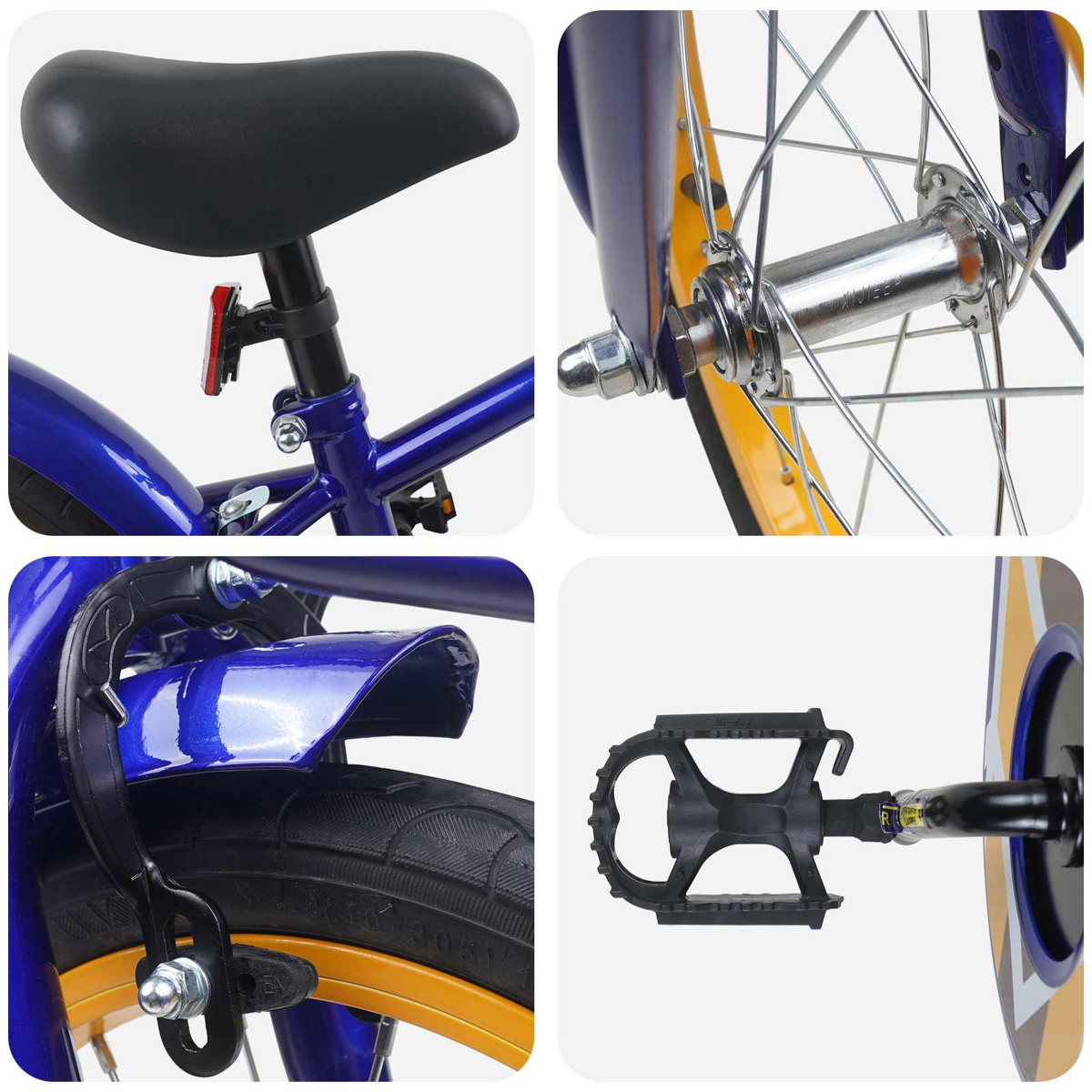 Ein Fahrrad mit blauen und gelben Akzenten, gezeigt in Nahaufnahmen von Sitz, Vorderrad, Bremse und Pedal.