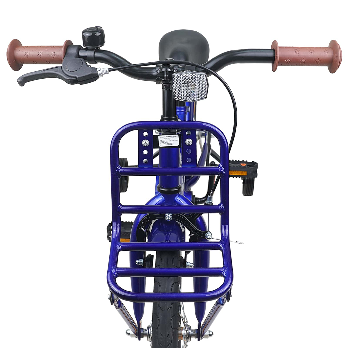 Ein blauer Kinderfahrrad-Vorderrahmen mit Lenker, Klingel und Korb.