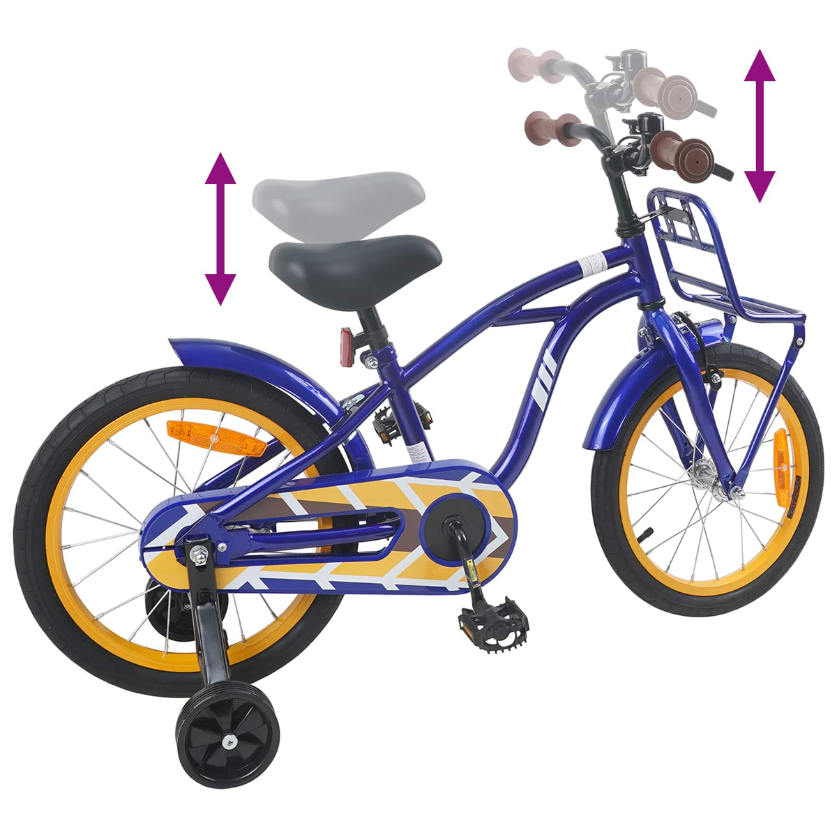 Ein blaues Kinderfahrrad mit Stützrädern, gelben Felgen und verstellbarem Sattel/Lenker.