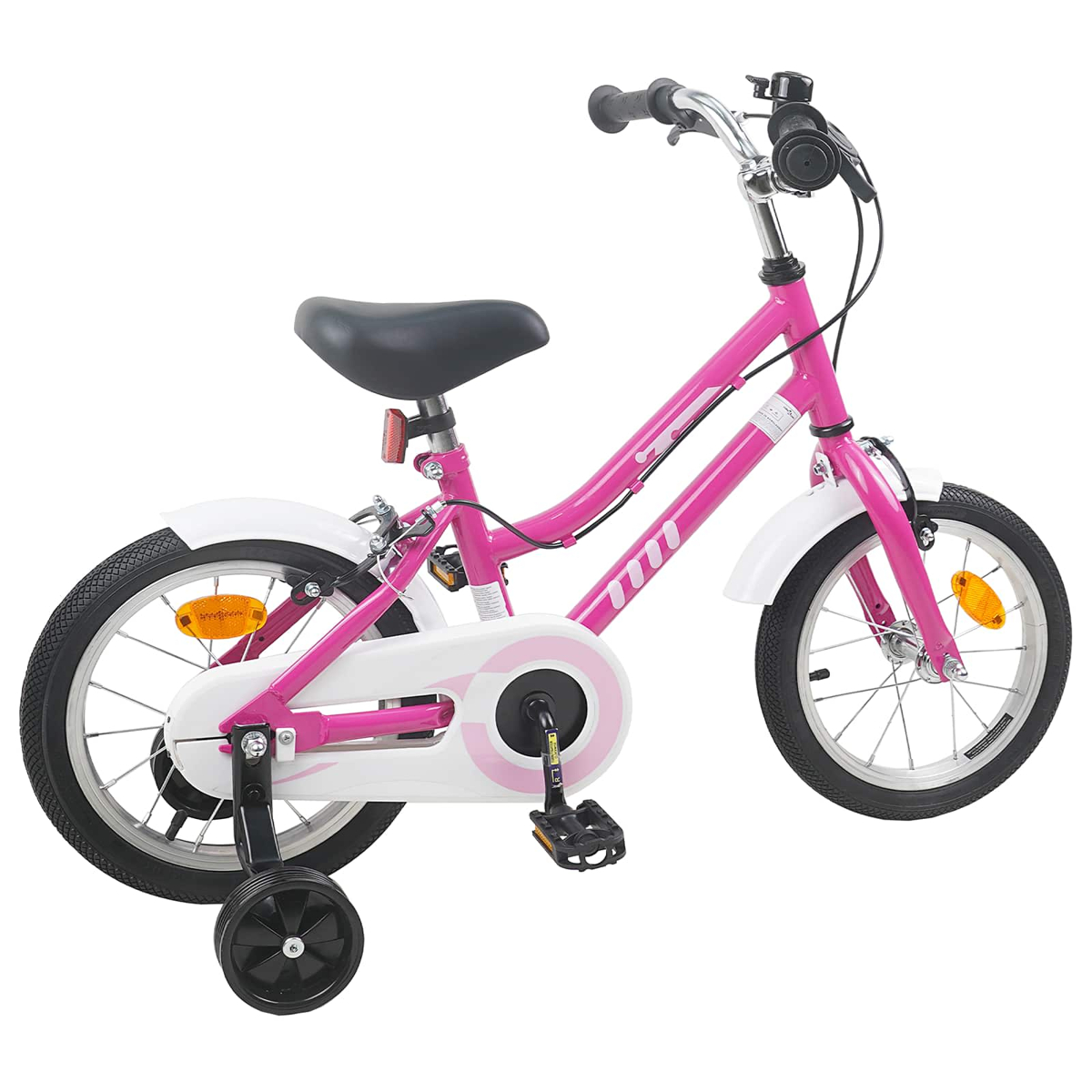 Ein pinkes Kinderfahrrad mit weißen Schutzblechen und Stützrädern.