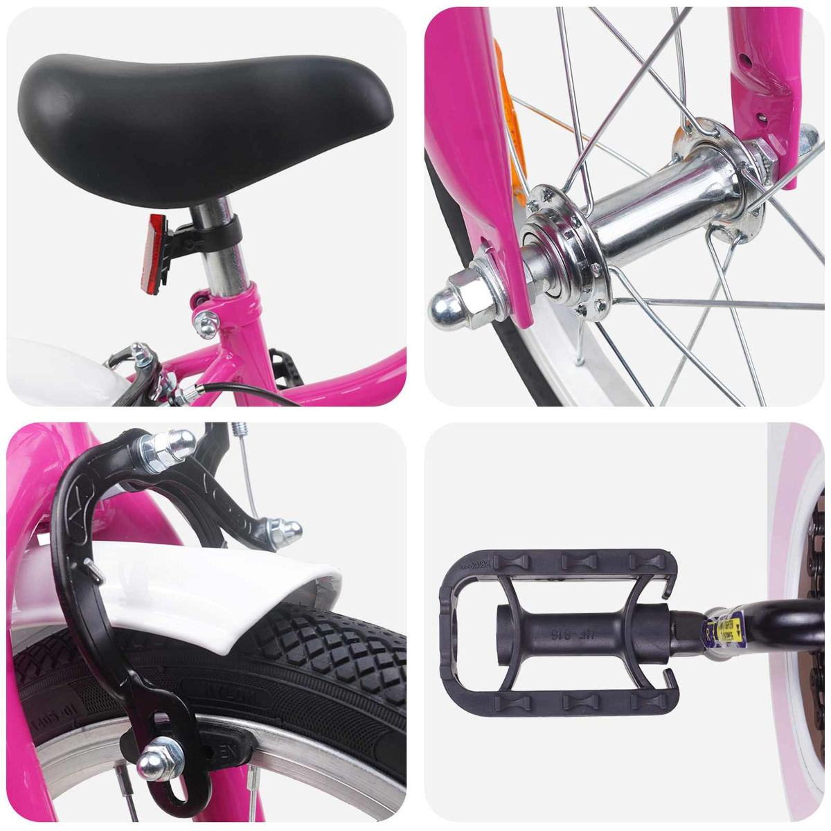 Vier Detailaufnahmen eines pinken Fahrrads: Sitz, Vorderradnabe, Bremse, Pedal.