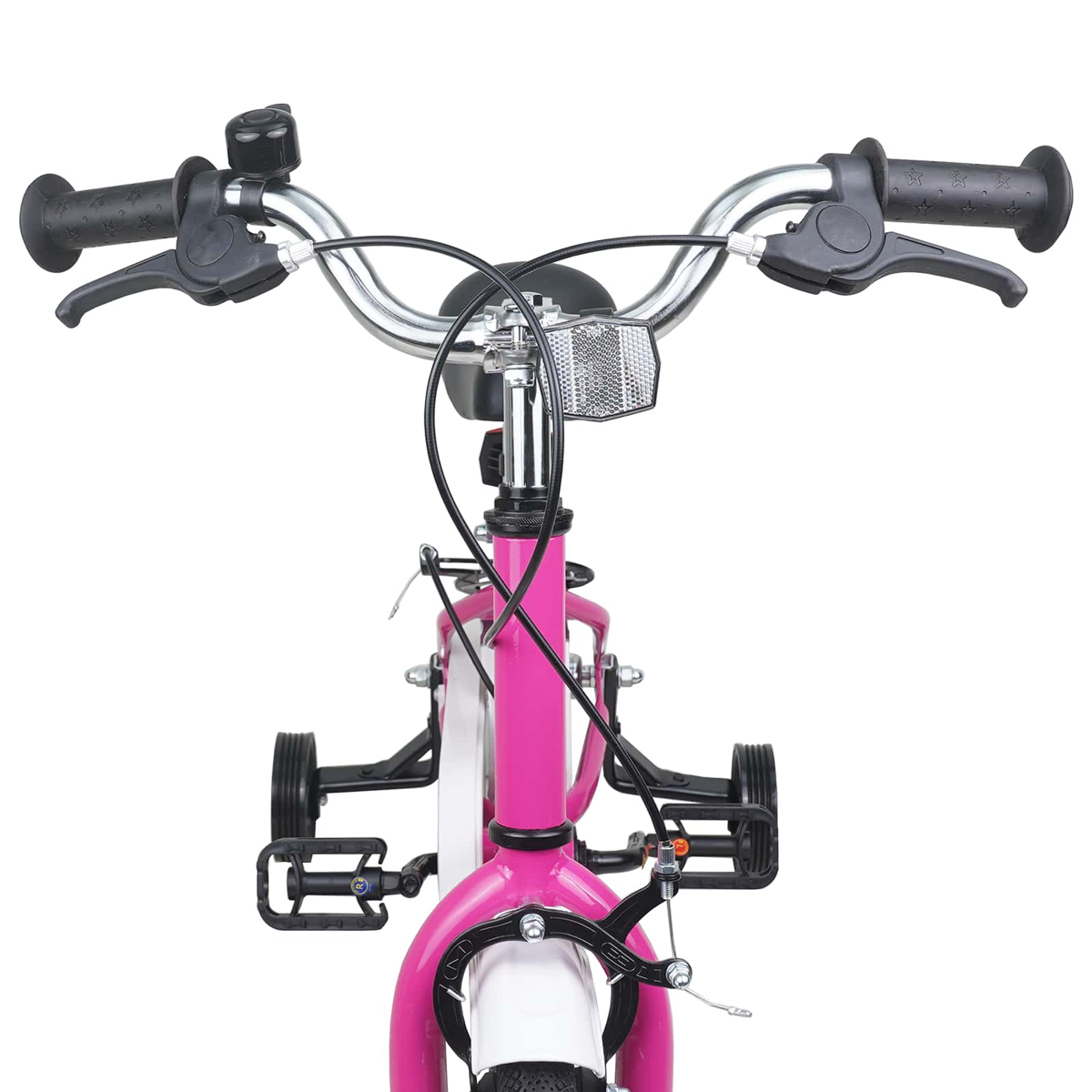 Rosa Fahrradlenker mit Klingel, Bremsen und Reflektoren. Stützräder sichtbar.