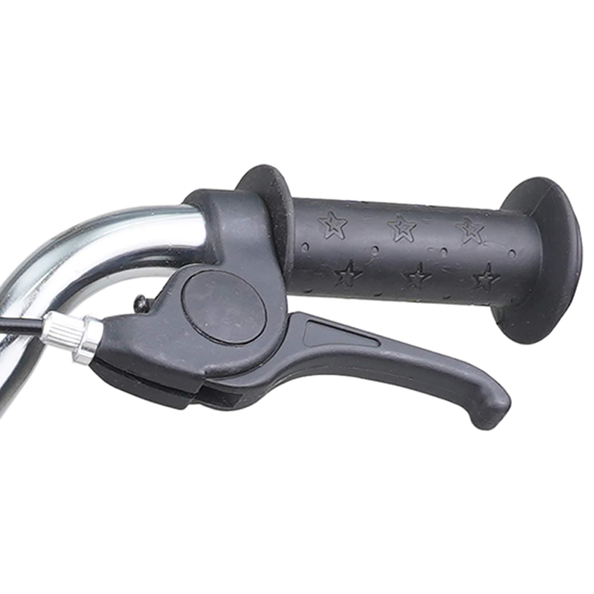 Nahaufnahme des Fahrradlenkers mit Bremshebel und Stern-Griff.