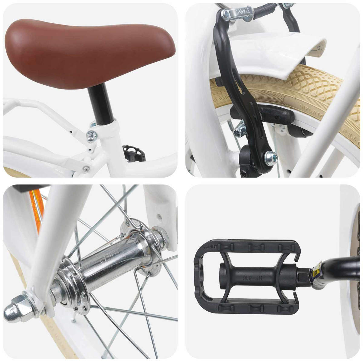 Detailansichten eines weißen Fahrrads: brauner Sattel, Bremse, Vorderradnabe und schwarzes Pedal.