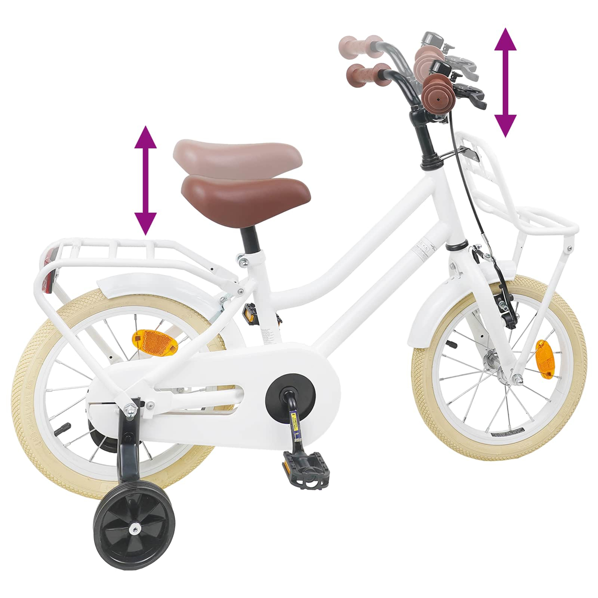 Weißes Kinderfahrrad mit braunen Griffen, Korb und Stützrädern.