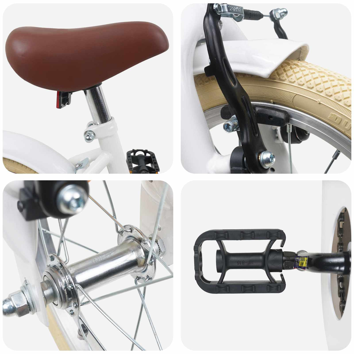 Details eines weißen Fahrrads: Sattel, Bremse, Radnabe, Pedal.