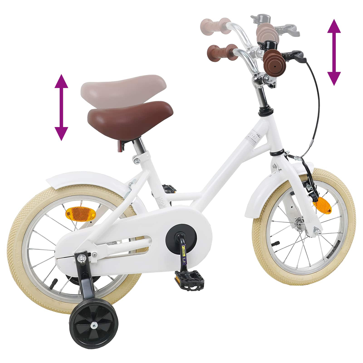 Weißes Kinderfahrrad mit braunem Sattel, Stützrädern und Höhenverstellung.