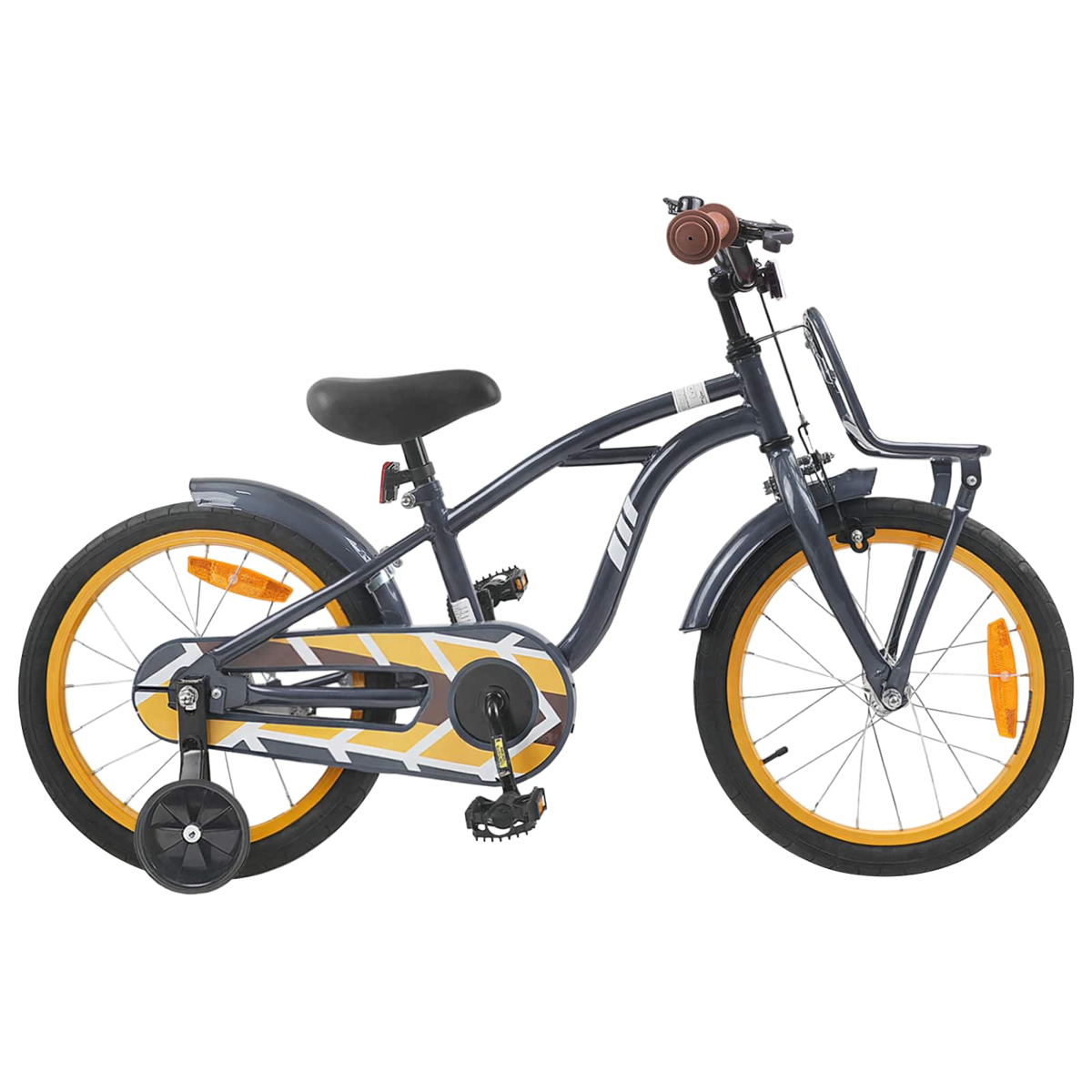 Ein dunkelgraues Kinderfahrrad mit Stützrädern, gelben Felgen und einem vorderen Korb.