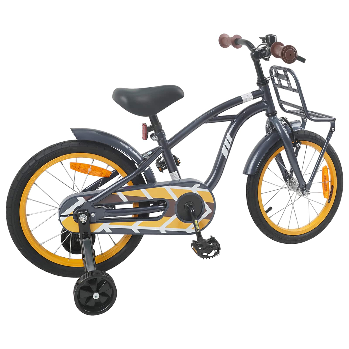 Ein graues Kinderfahrrad mit gelben Felgen, Stützrädern und einem vorderen Korb.