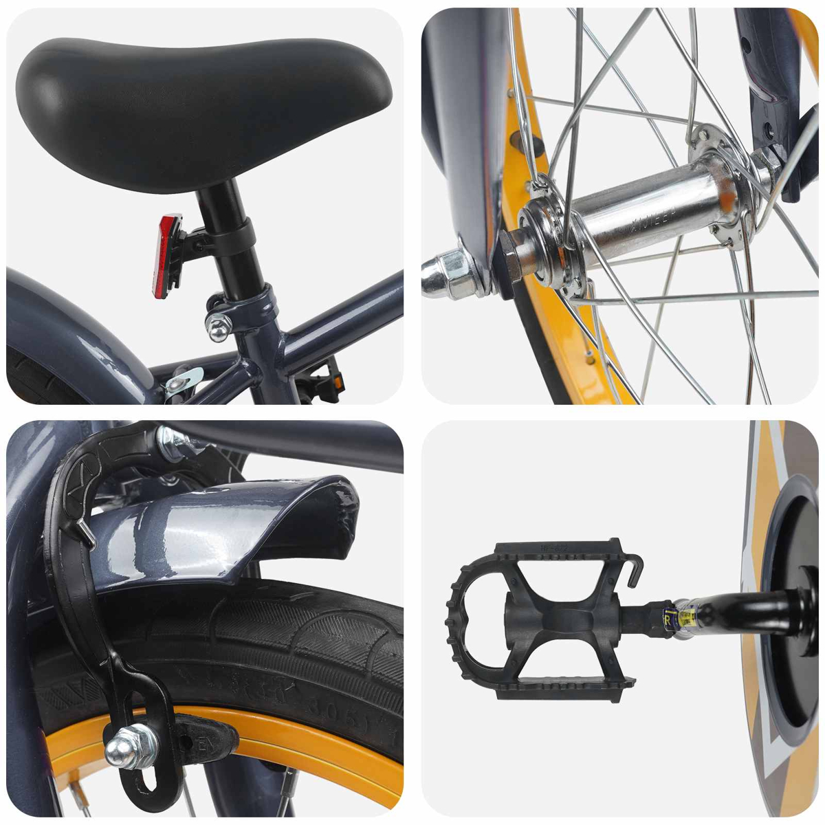 Nahaufnahmen eines Fahrrads: Sitz, Vorderrad, Bremse und Pedal.