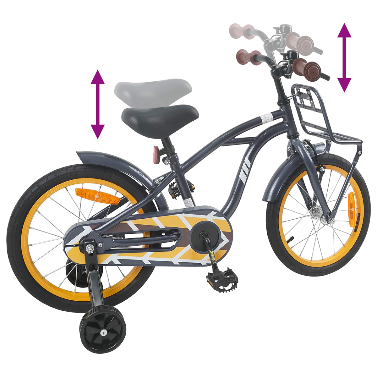Ein dunkelgraues Fahrrad mit gelben Felgen, Stützrädern und verstellbarem Sattel/Lenker.