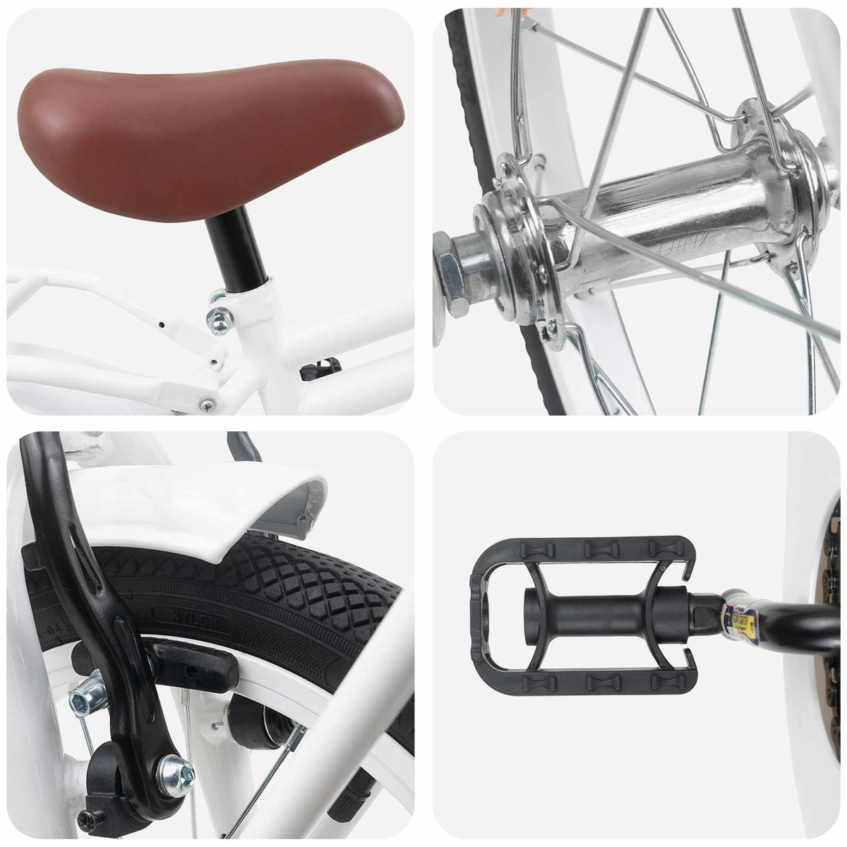 Collage aus Fahrradteilen: brauner Sattel, Radnabe, Bremssattel und schwarzes Pedal.