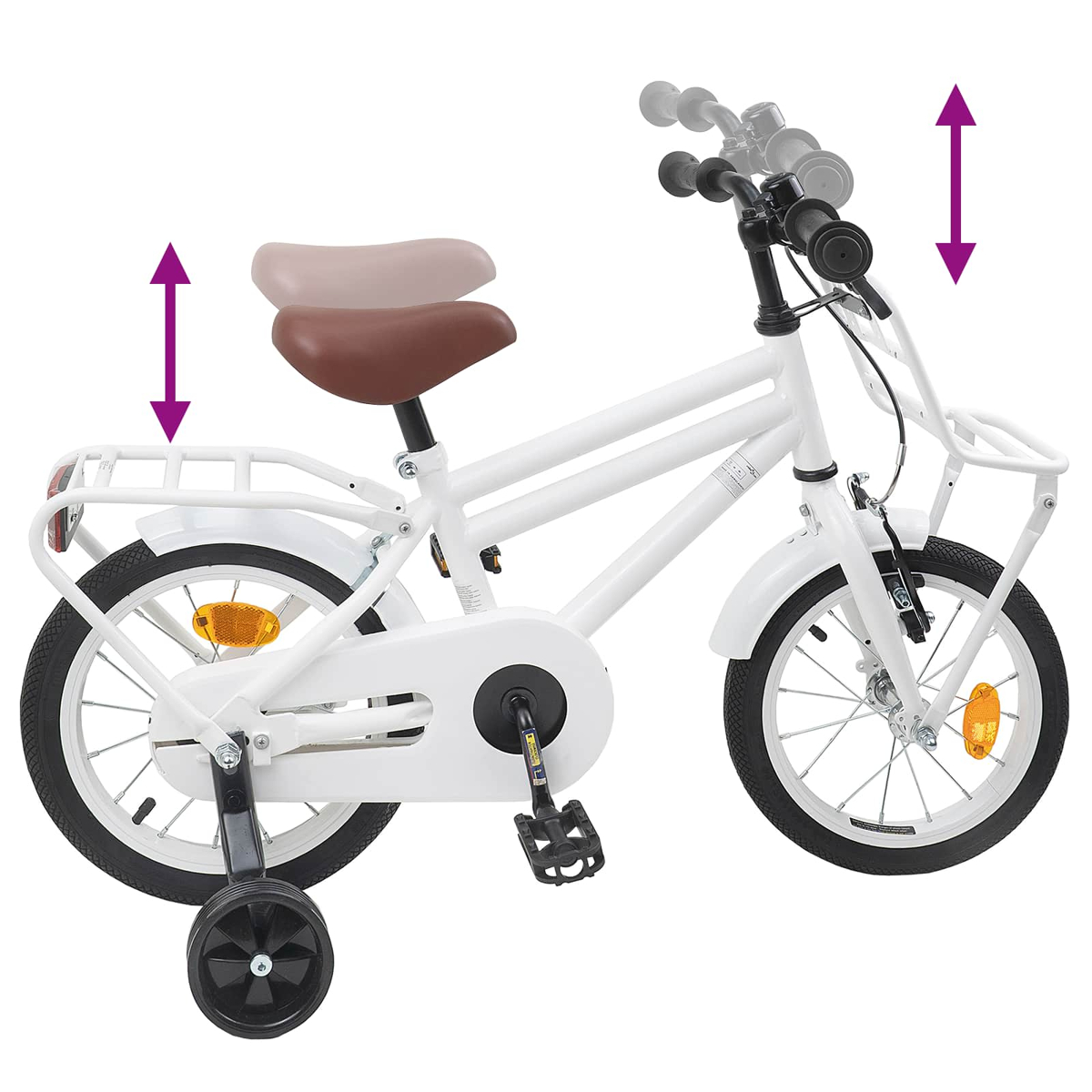 Ein weißes Kinderfahrrad mit Stützrädern und verstellbarer Sitzhöhe und Lenker.