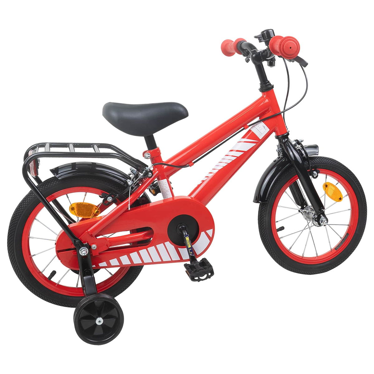 Ein rotes Kinderfahrrad mit Stützrädern, Gepäckträger und schwarzen Schutzblechen.