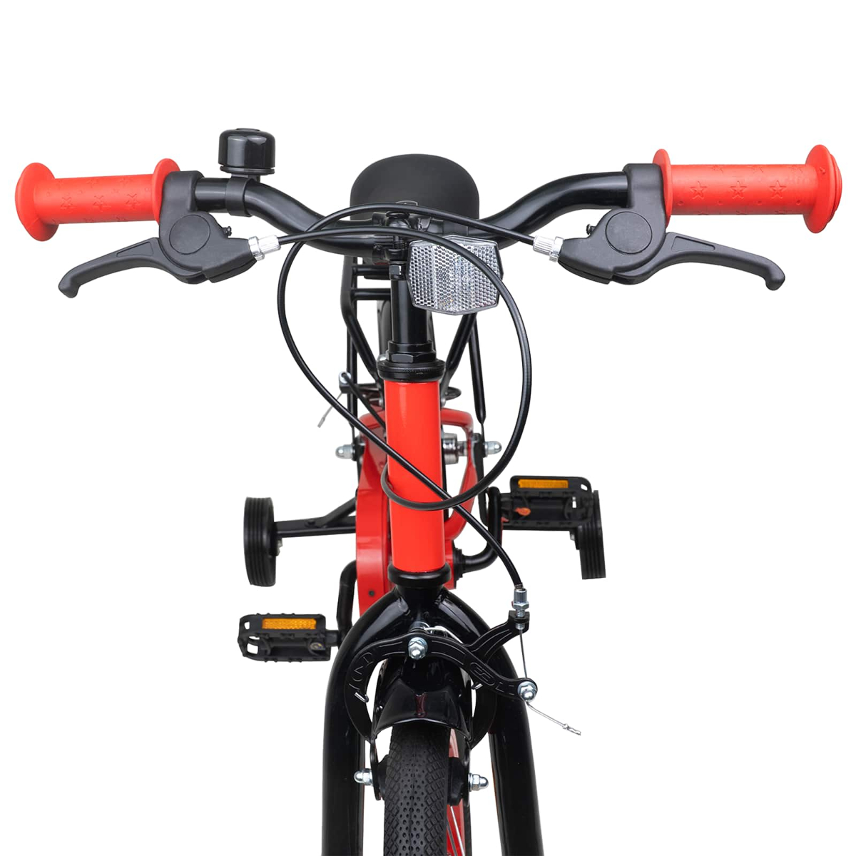 Rotes Kinderfahrrad mit Stützrädern, Lenker mit roten Griffen und Klingel.