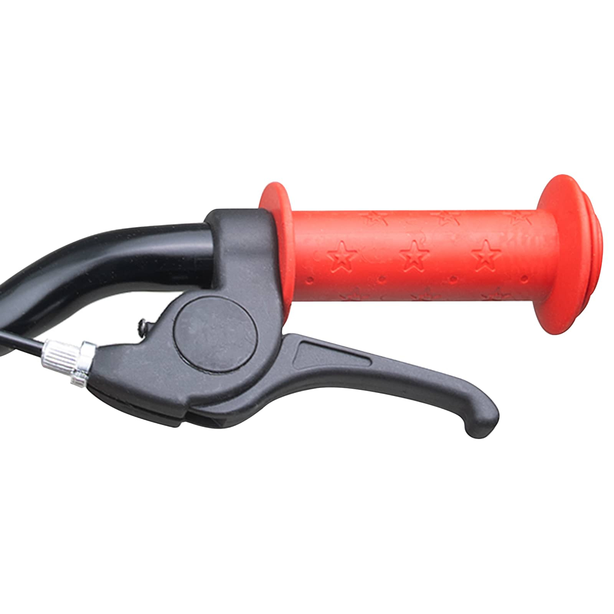 Ein roter Fahrradgriff mit Sternenmuster und einem schwarzen Bremshebel.