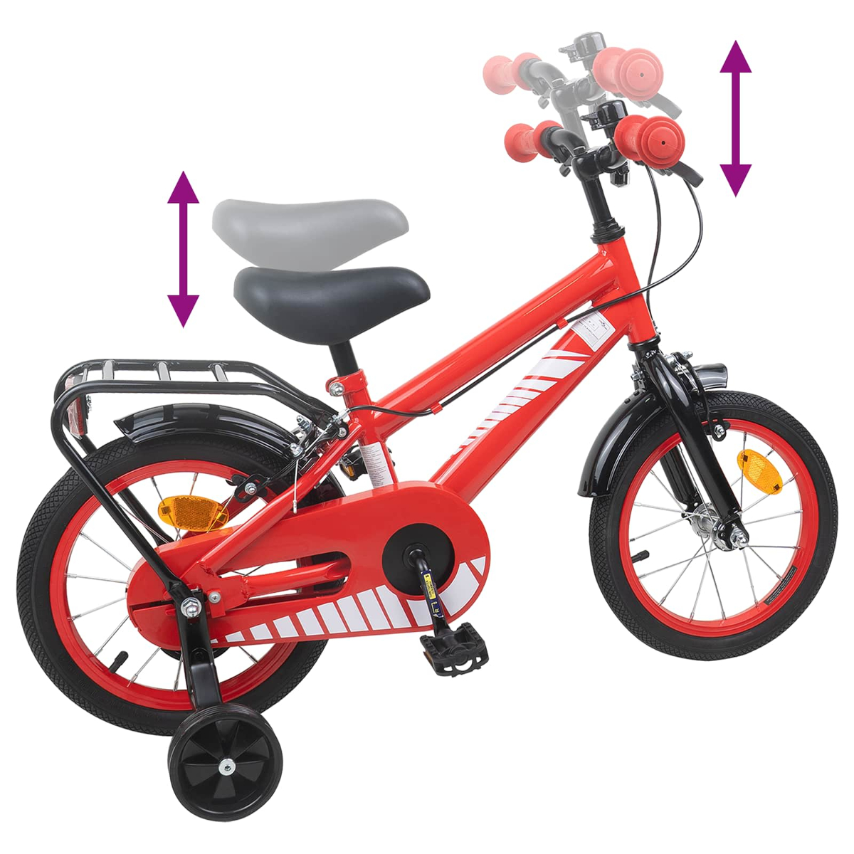Ein rotes Kinderfahrrad mit Stützrädern, Gepäckträger und verstellbarem Sattel/Lenker.