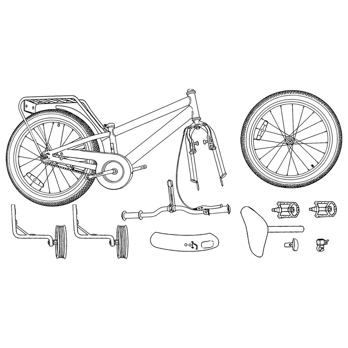 Draufsicht auf zerlegte Fahrradteile: Rahmen, Räder, Lenker, Sattel, Pedale, Stützräder.