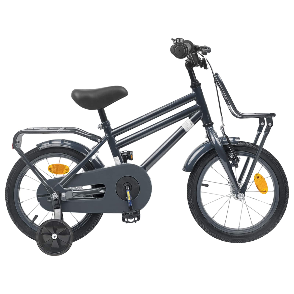 Ein dunkelgraues Kinderfahrrad mit Stützrädern, Gepäckträger und einem vorderen Korb.
