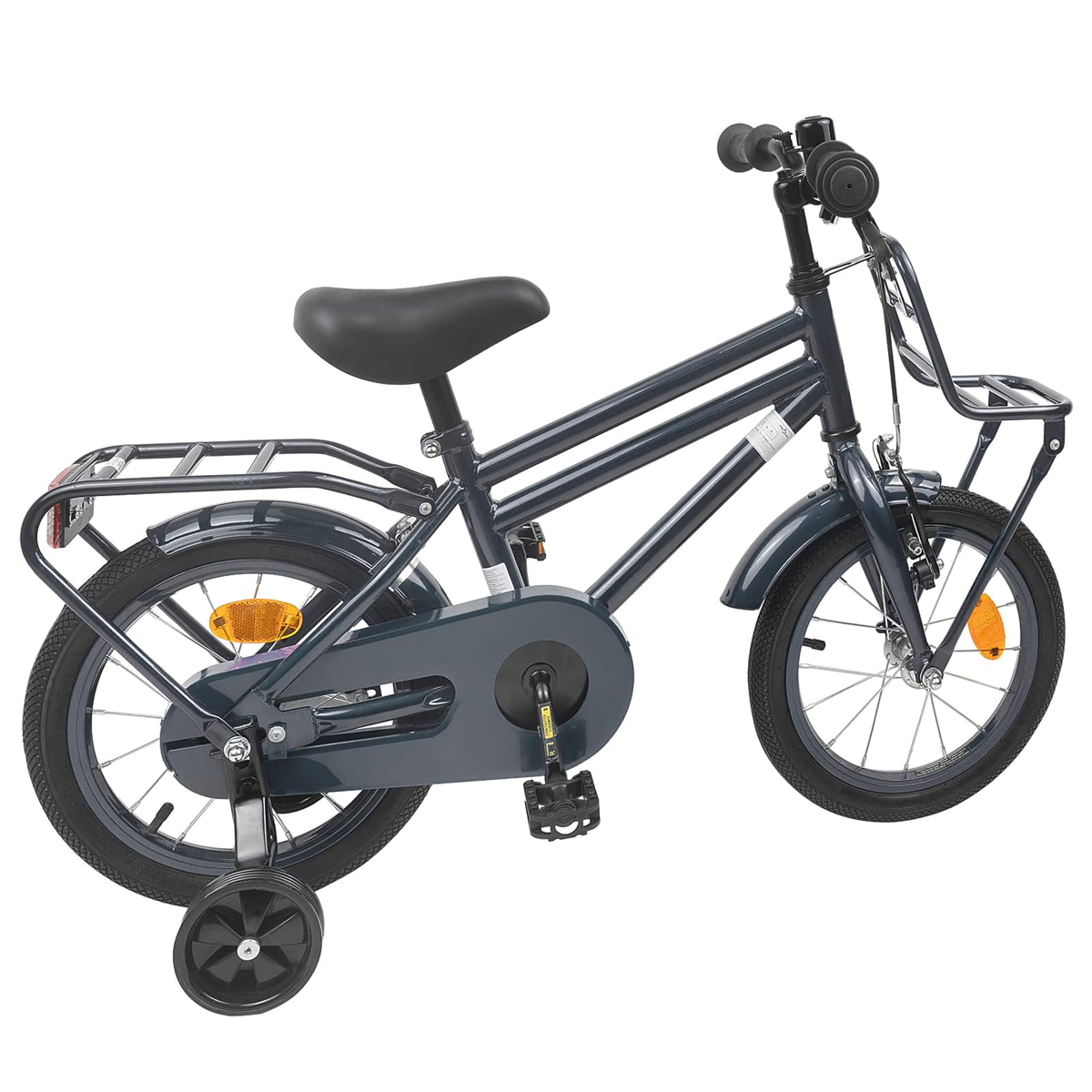 Dunkelgraues Kinderfahrrad mit Stützrädern, Gepäckträger und vorderem Korb.
