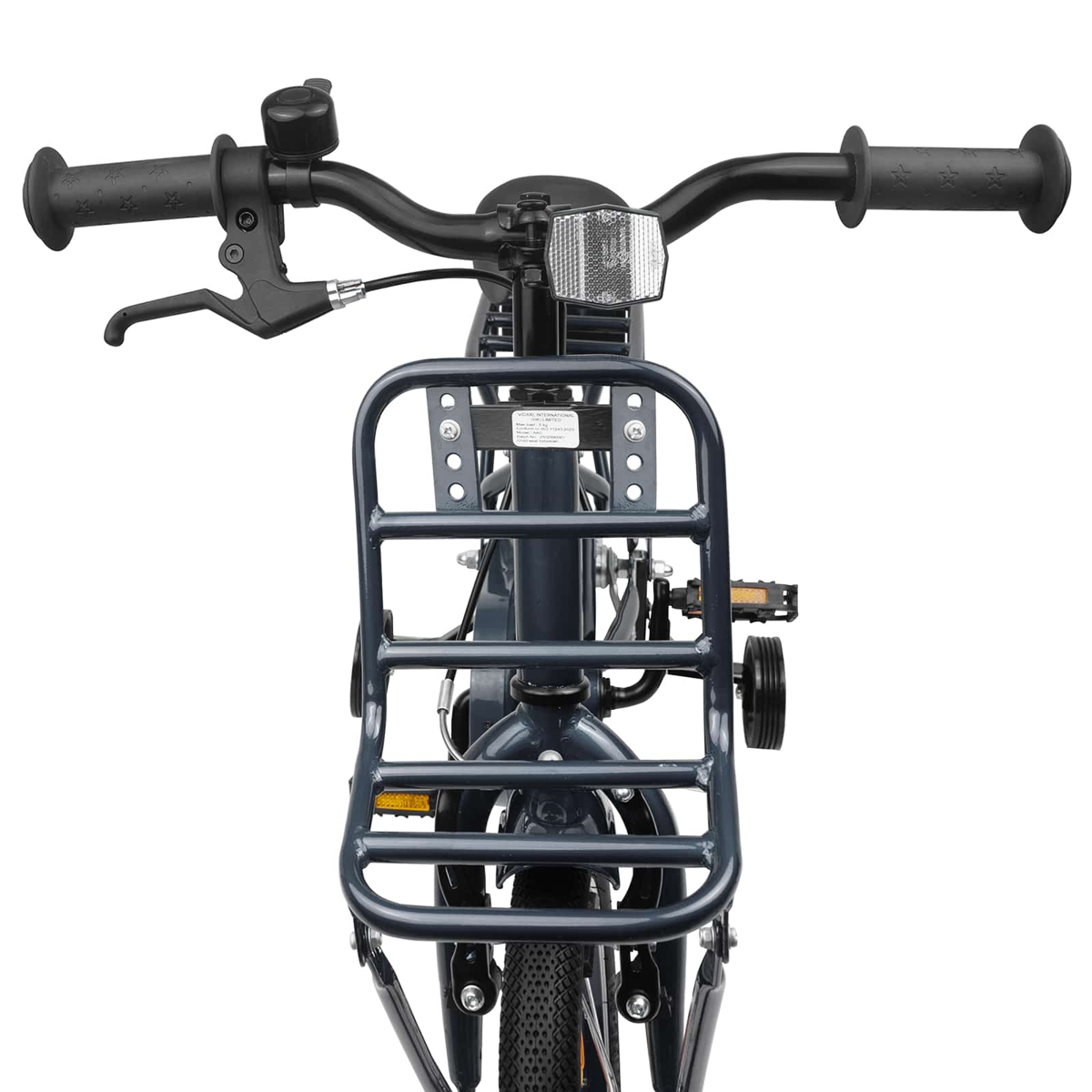 Graues Fahrrad mit Gepäckträger vorne, Lenker mit Klingel und Reflektor.