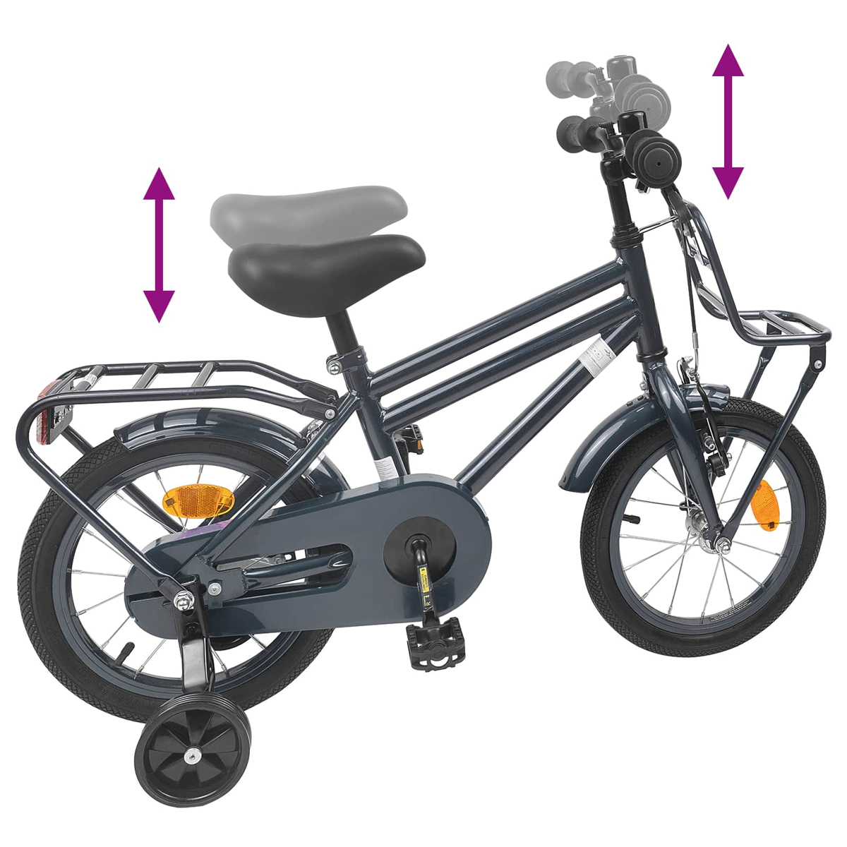 Dunkelgraues Kinderfahrrad mit Stützrädern, Korb und Gepäckträger.