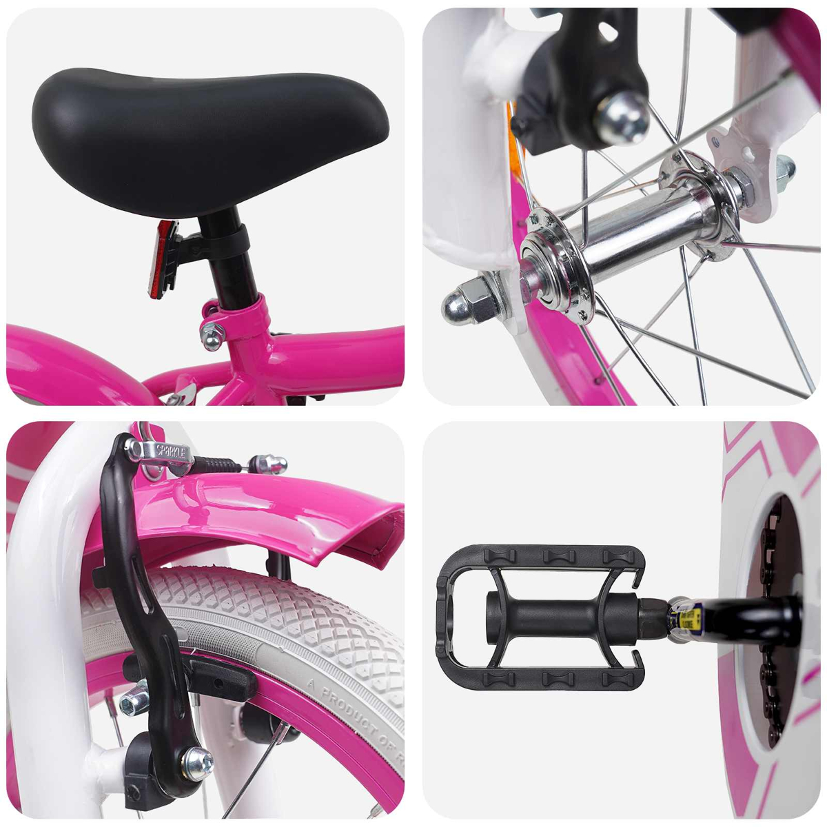 Ein Ausschnitt eines pinken Kinderfahrrads mit Sattel, Vorderradnabe, Bremse und Pedal.