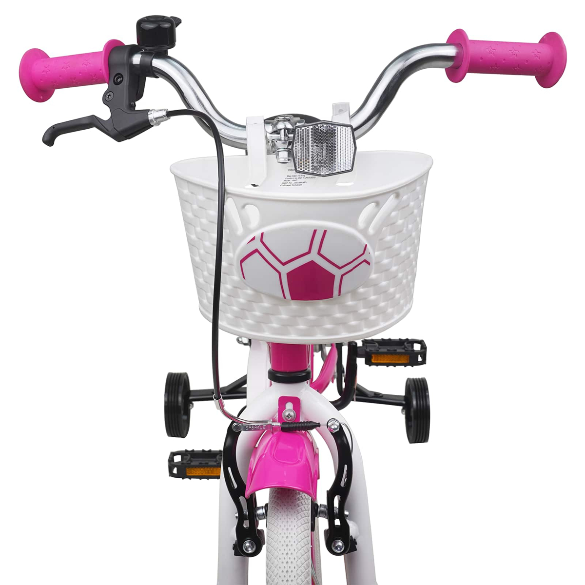 Ein rosa und weißes Kinderfahrrad mit Lenker, Klingel, Korb und Stützrädern.