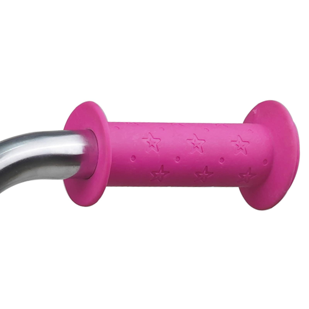 Ein pinker Lenkergriff mit Sternenmuster und einem silbernen Metallrohr.
