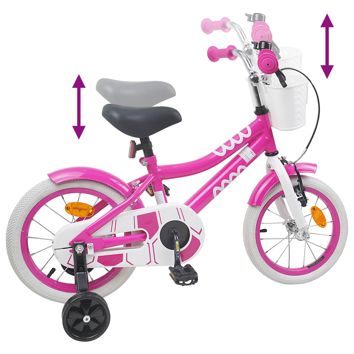 Ein pinkes Kinderfahrrad mit Stützrädern und Korb. Sitz und Lenker sind höhenverstellbar.