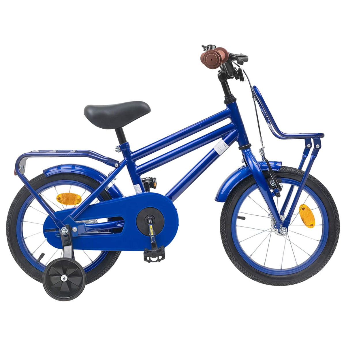 Blaues Kinderfahrrad mit Stützrädern, Gepäckträger und Lenkerkorb.