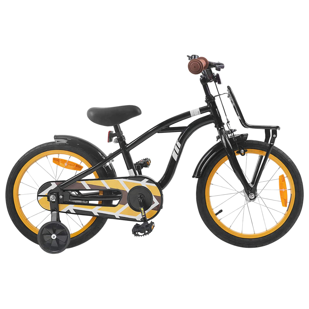 Schwarzes Fahrrad mit gelben Felgen, Stützrädern und Gepäckträger vorne.