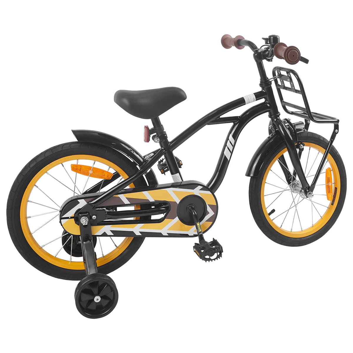 Schwarzes Kinderfahrrad mit Stützrädern, braunen Griffen und gelben Felgen.